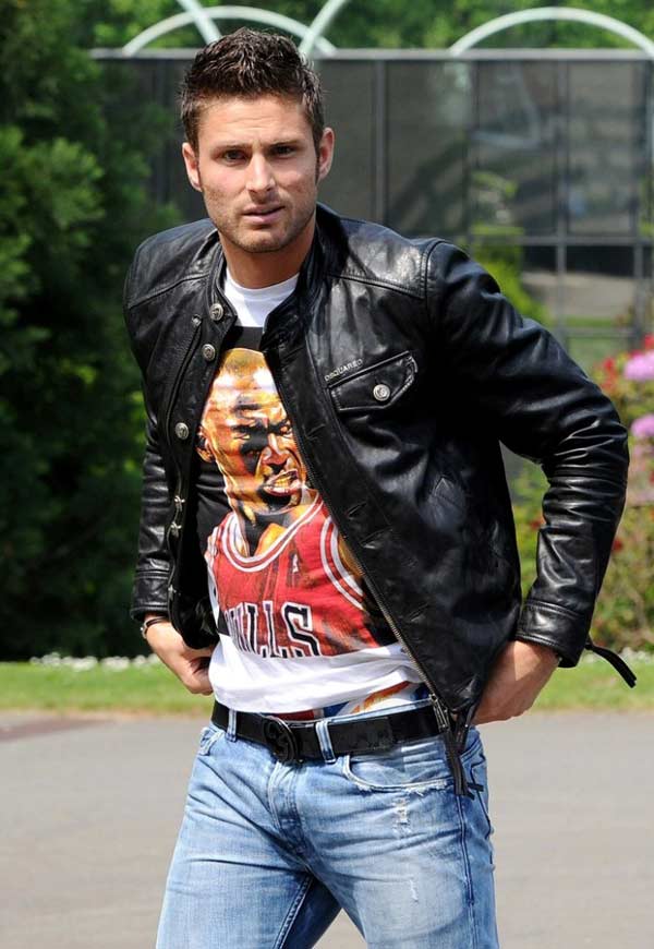 Olivier Giroud Striker for Arsenal wearing leather jacket